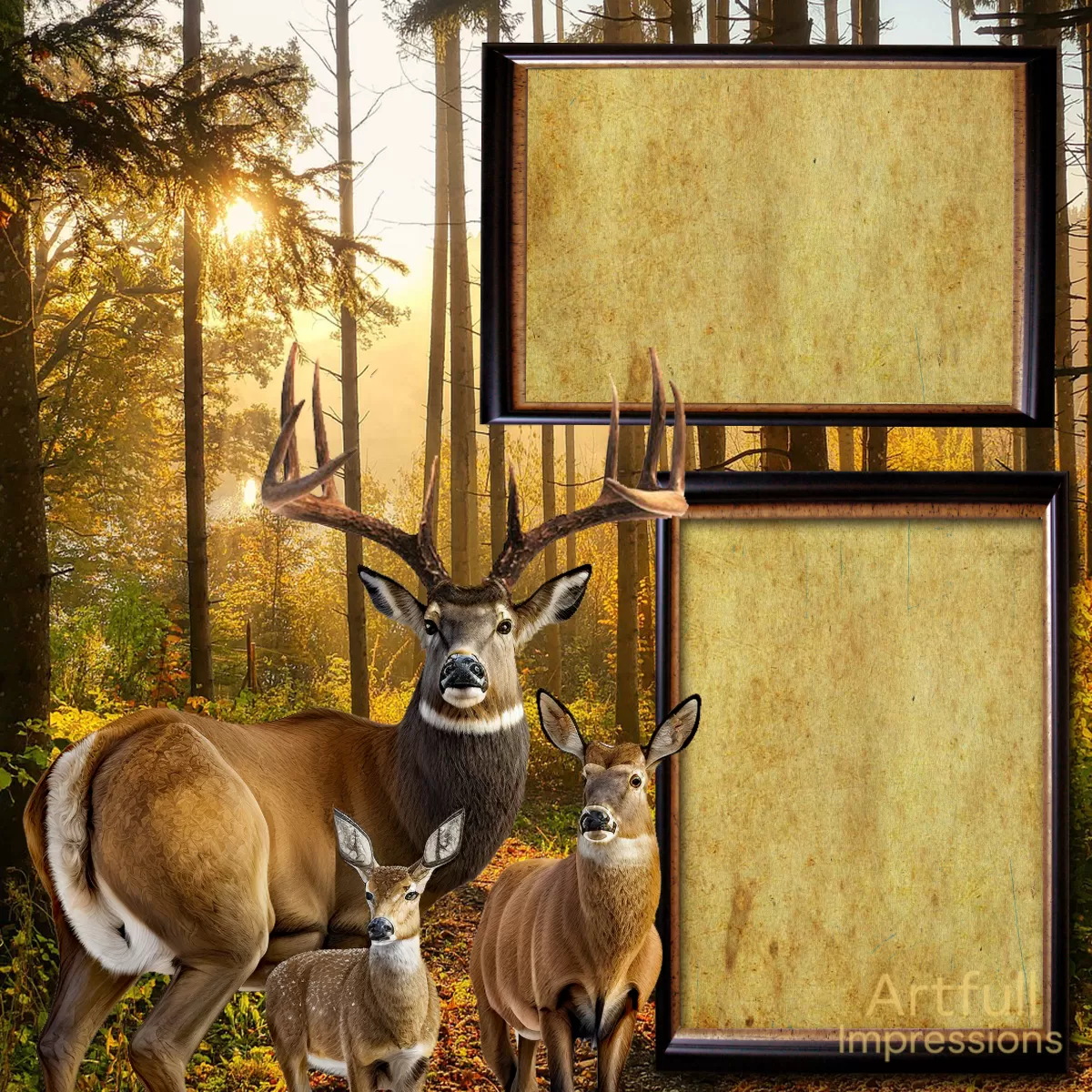 Deer Family – Whitetail Buck, Doe & Fawn in Autumn Woods