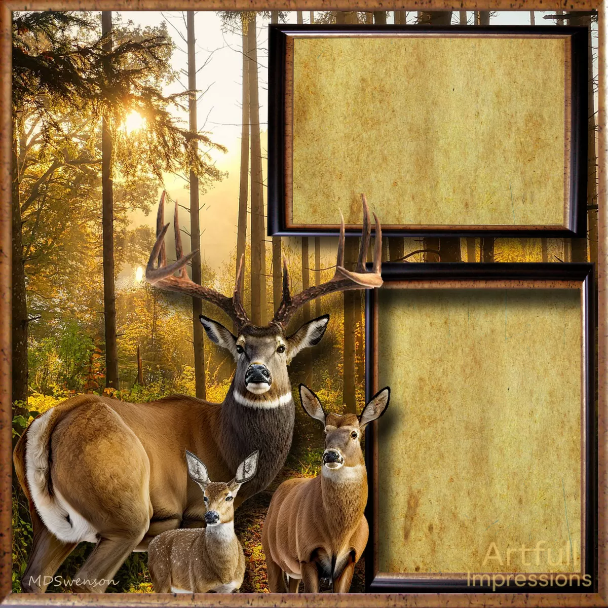 Rustic Deer Family – Whitetail Buck, Doe & Fawn in Autumn Woods