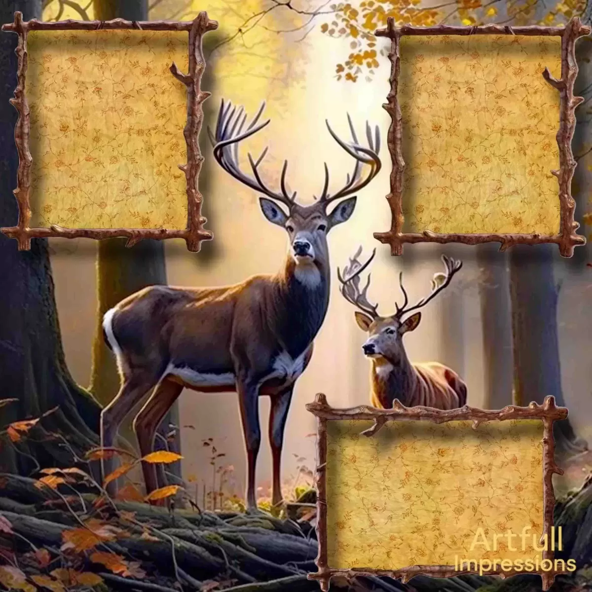Deer - Rustic Deer Forest Scene Scrapbook Page or Personalized Wall Art