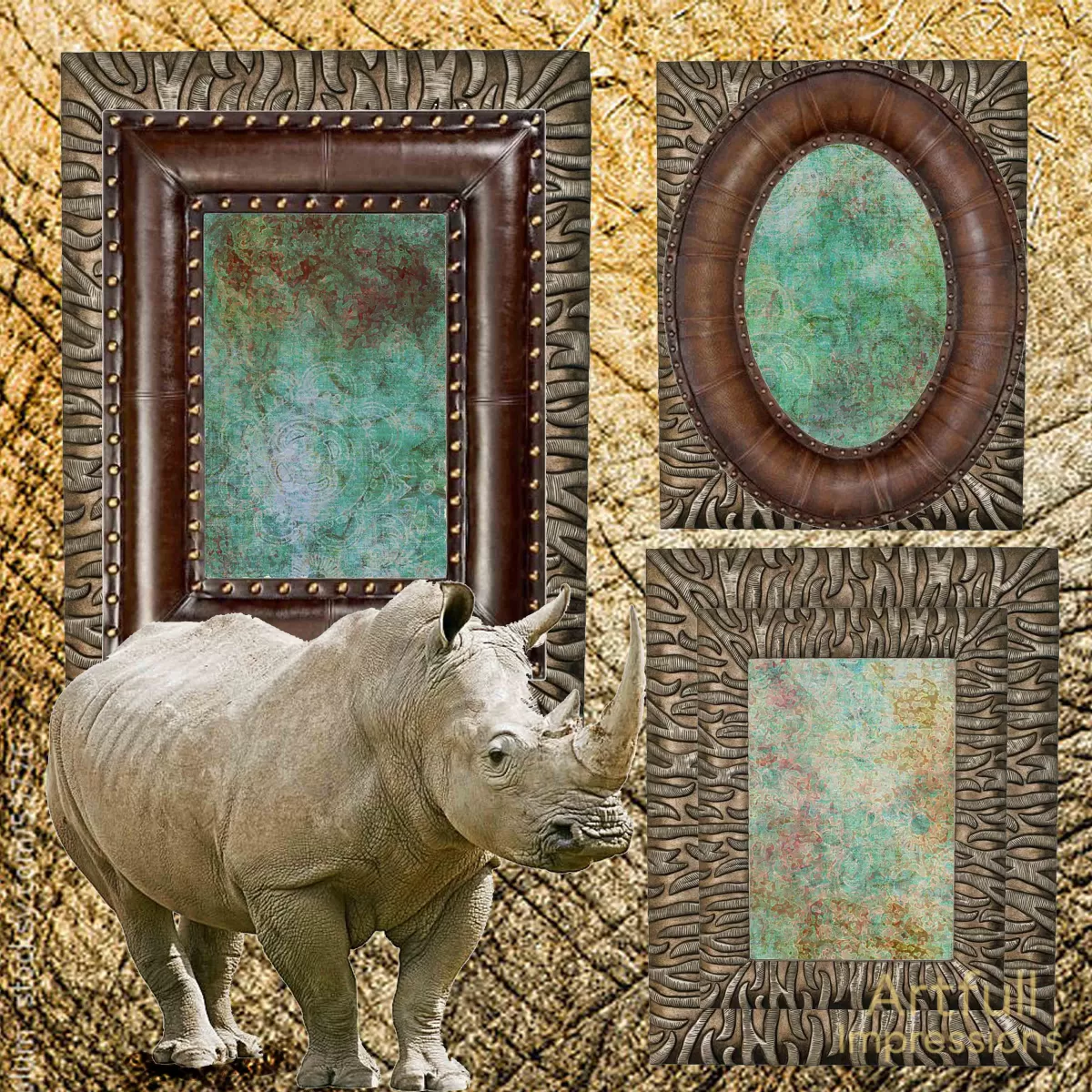 Elephant & Rhinos - Set of 2 Safari Personalized Wildlife Wall Art or Scrapbook Pages