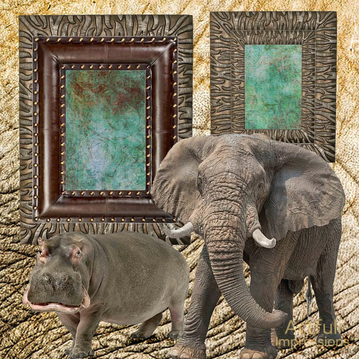 Elephant & Rhinos - Set of 2 Safari Personalized Wildlife Wall Art or Scrapbook Pages