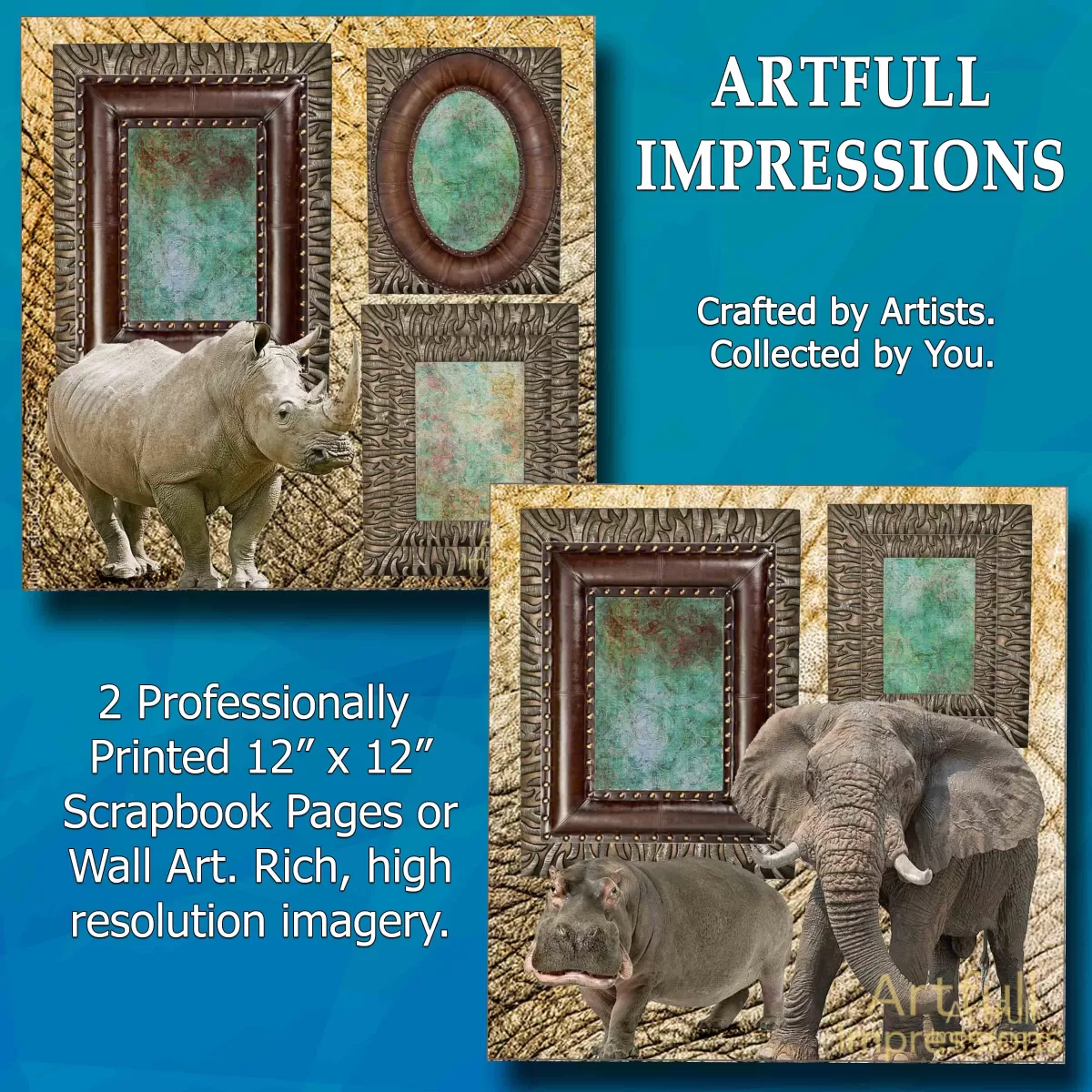 Elephant & Rhinos - Set of 2 Safari Personalized Wildlife Wall Art or Scrapbook Pages