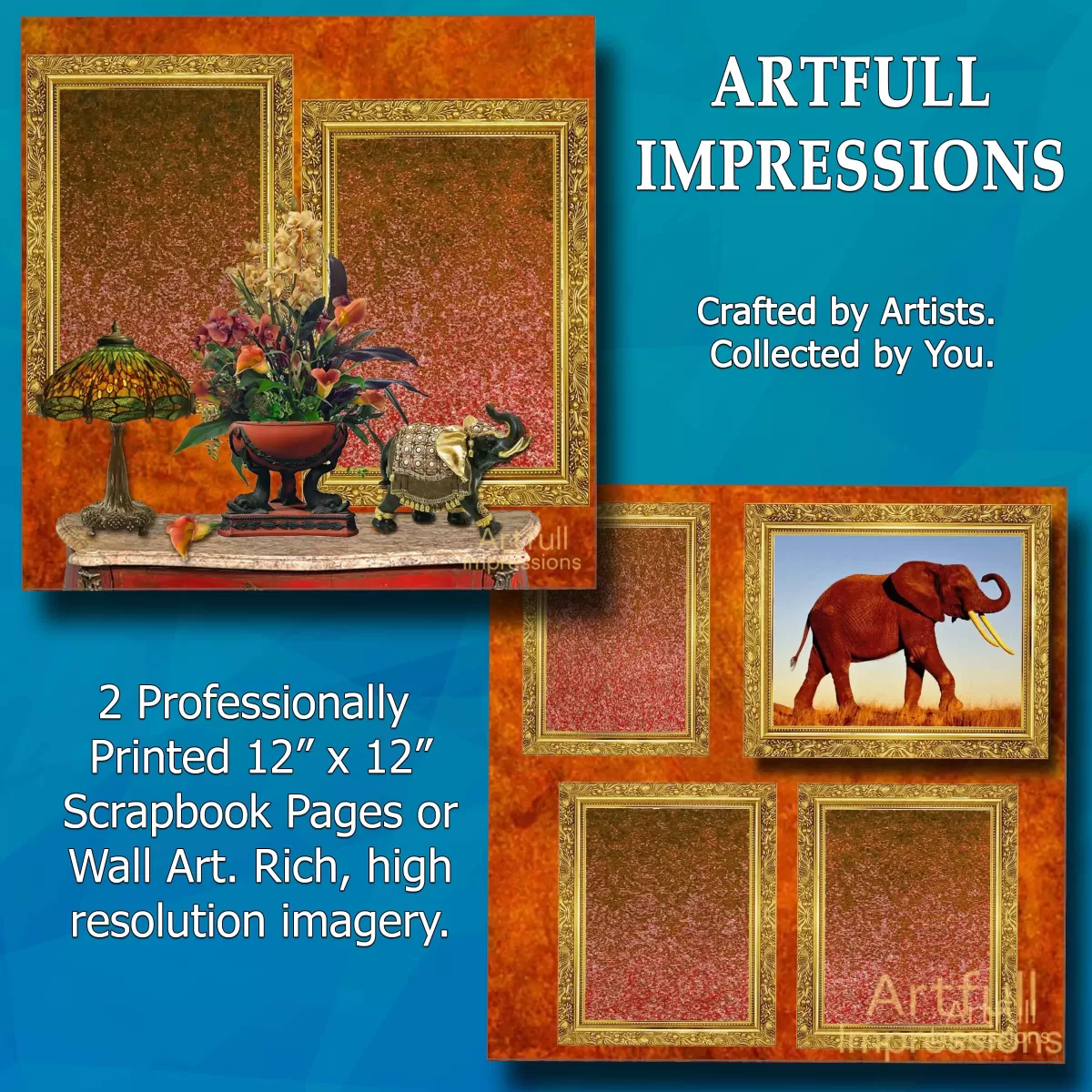 Elephants - Set of 2 Elegant Elephant Personalized Wall Art or Scrapbook Pages