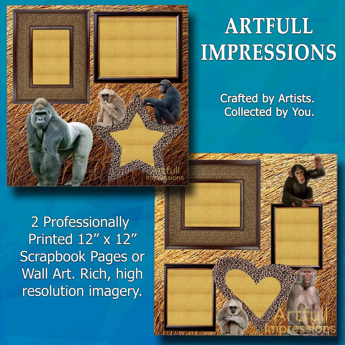 Primates -  Set of 2 Primate Safari Personalized Wall Art or Scrapbook Pages