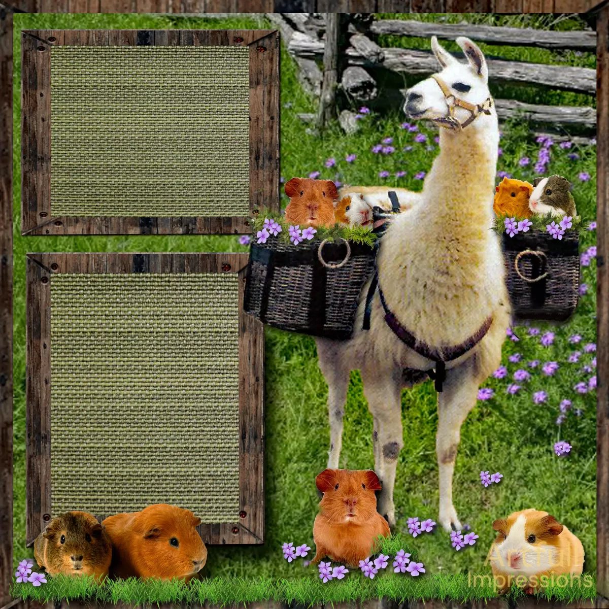 Llama & Guinea Pigs - Whimsical Llama with baskets of Guinea Pigs Personalized Wall Art or Scrapbook Page