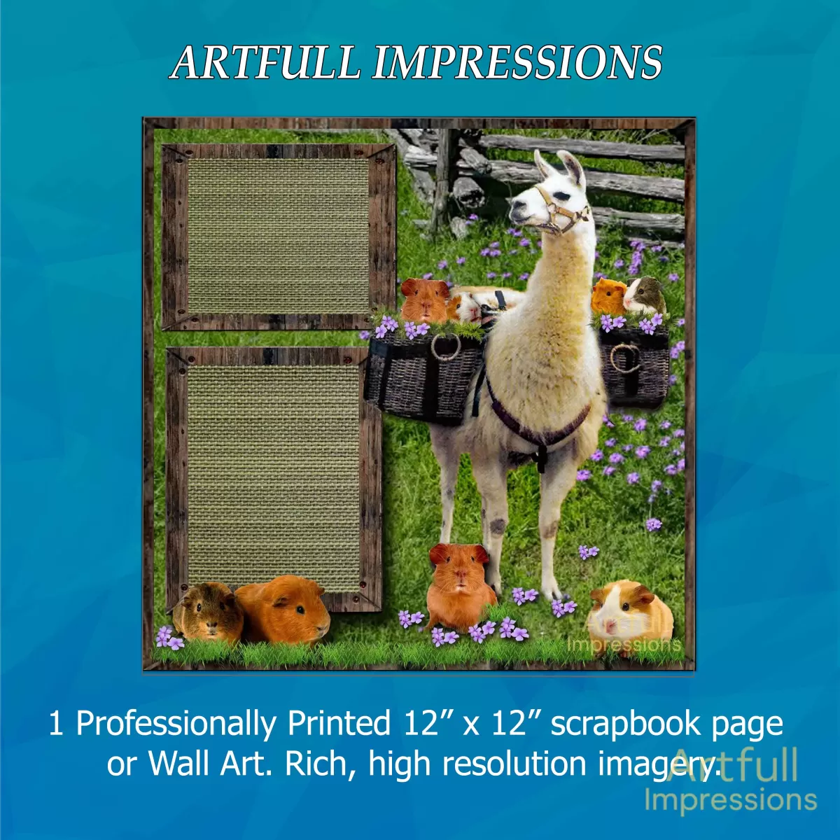 Llama & Guinea Pigs - Whimsical Llama with baskets of Guinea Pigs Personalized Wall Art or Scrapbook Page