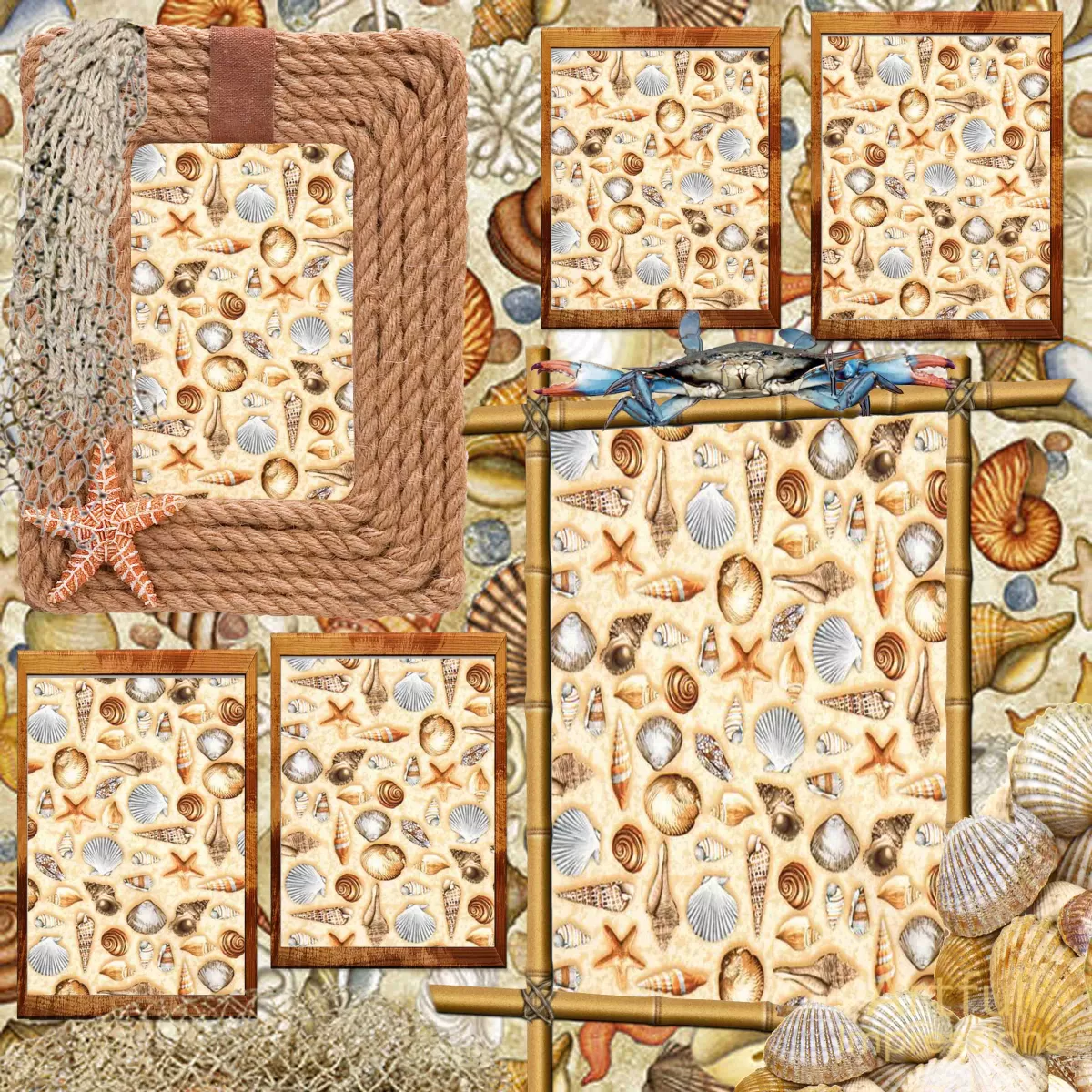 Beach Themed - Set of 2 Coastal Shell Personalized Wall Art or Scrapbook Pages
