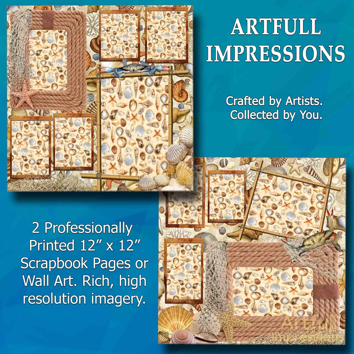 Beach Themed - Set of 2 Coastal Shell Personalized Wall Art or Scrapbook Pages
