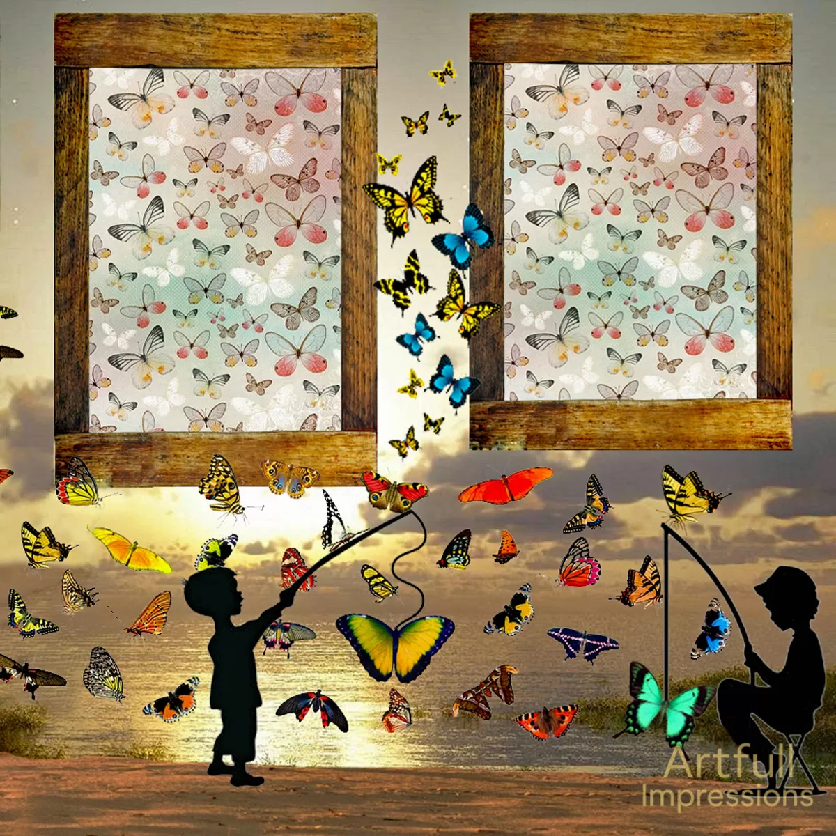 Children - Butterflies & Children Adventure -Set of 2 Personalized Wall Art or Scrapbook Pages