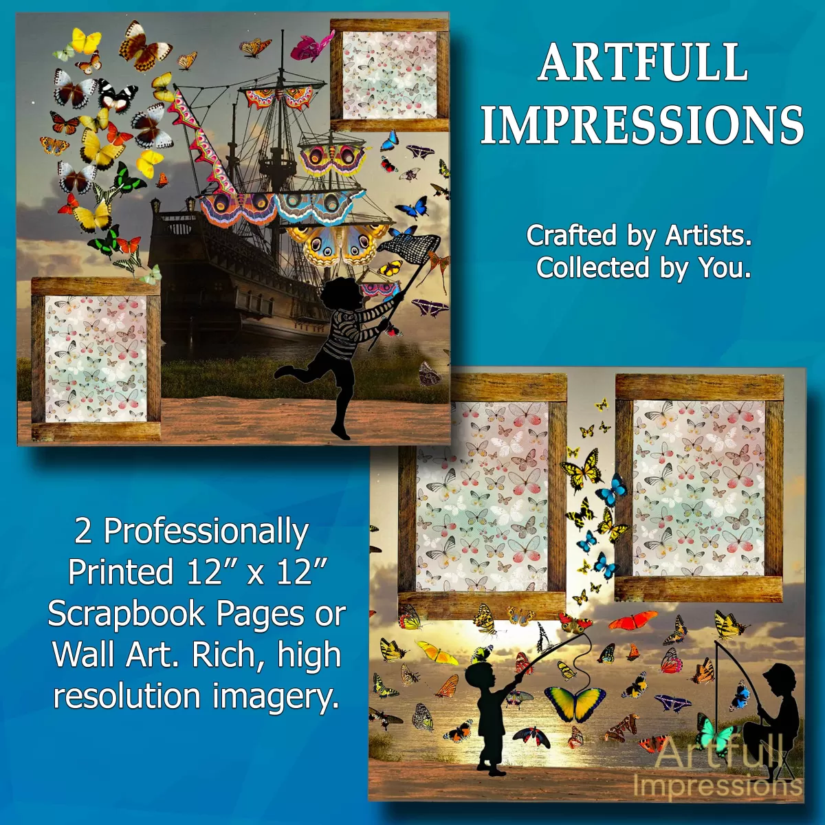 Children - Butterflies & Children Adventure -Set of 2 Personalized Wall Art or Scrapbook Pages