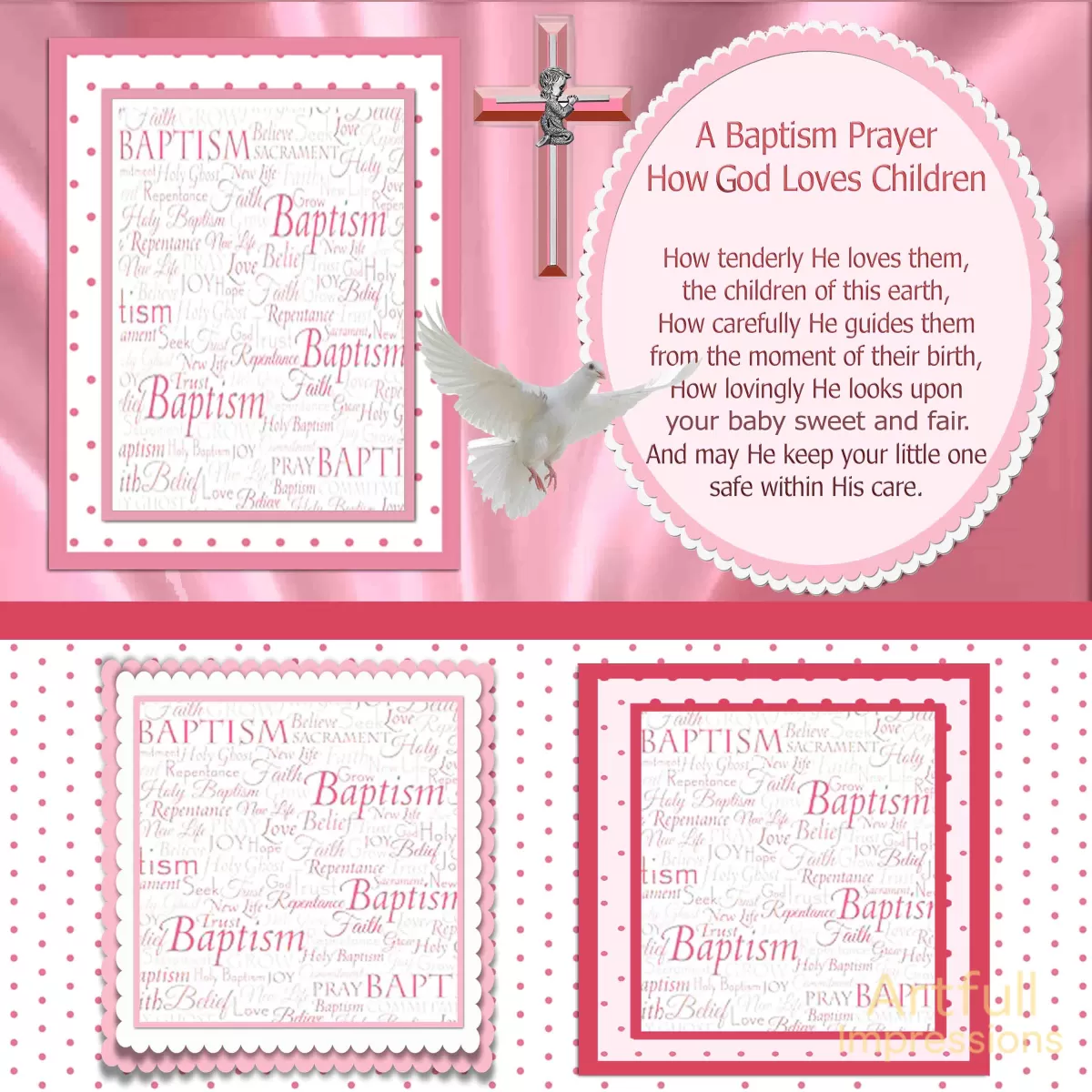 Children - Gentle Grace – Girl’s Pink Baptism Keepsake – Two Page Set for Personalized Wall Art or Scrapbook