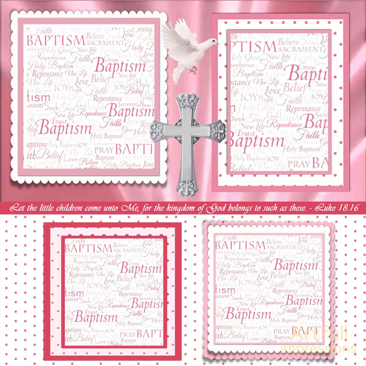 Children - Gentle Grace – Girl’s Pink Baptism Keepsake – Two Page Set for Personalized Wall Art or Scrapbook