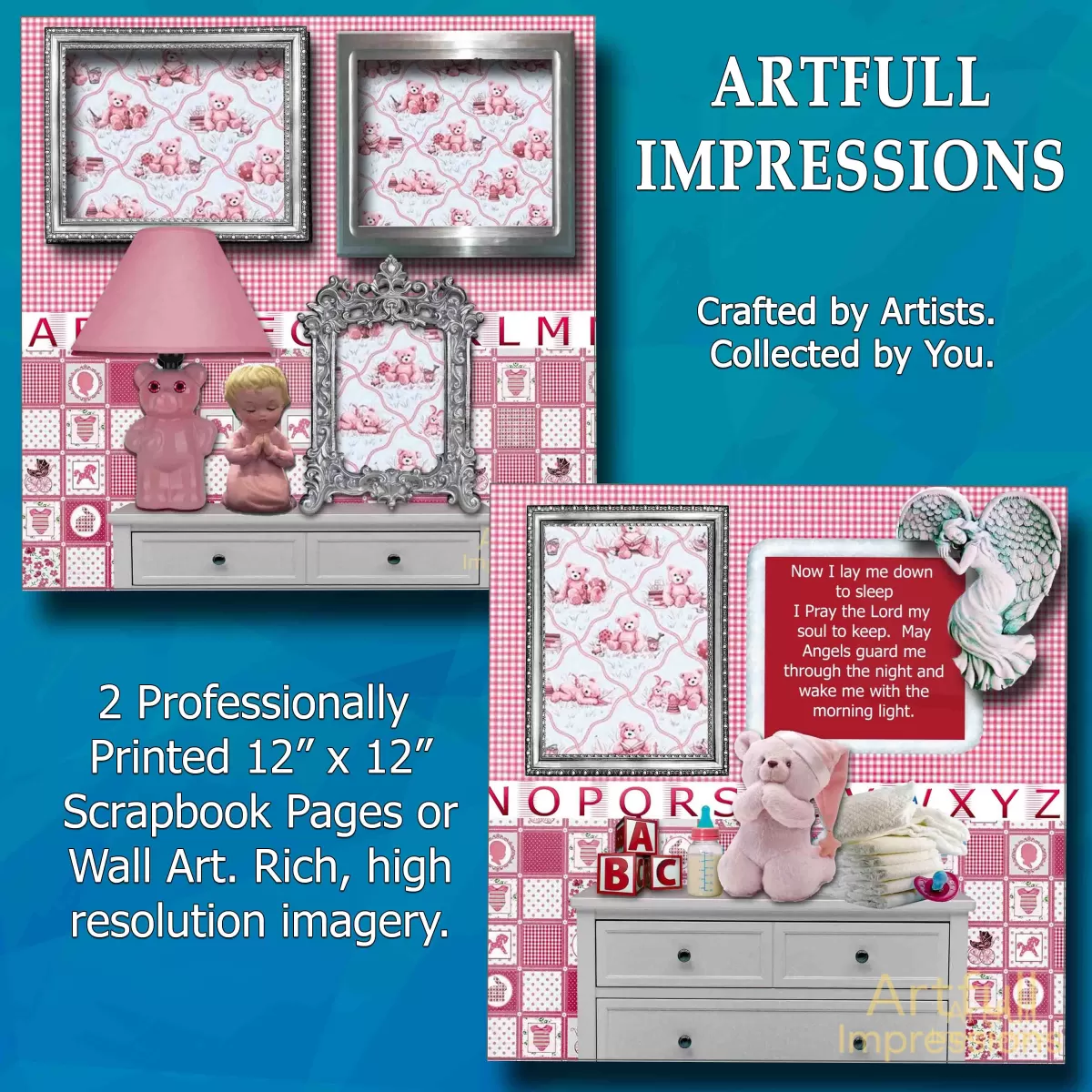 Children - Sweet Slumber in Pink – Two Page Nursery Set Personalized Wall Art or Scrapbook Page