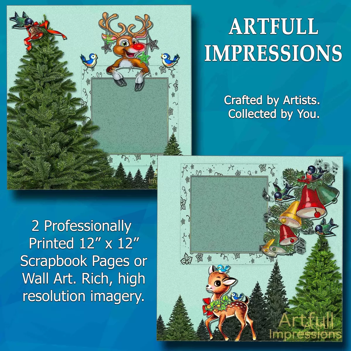 Christmas - Woodland Cheer Seasonal Wall Art or Scrapbook Page Set of 2