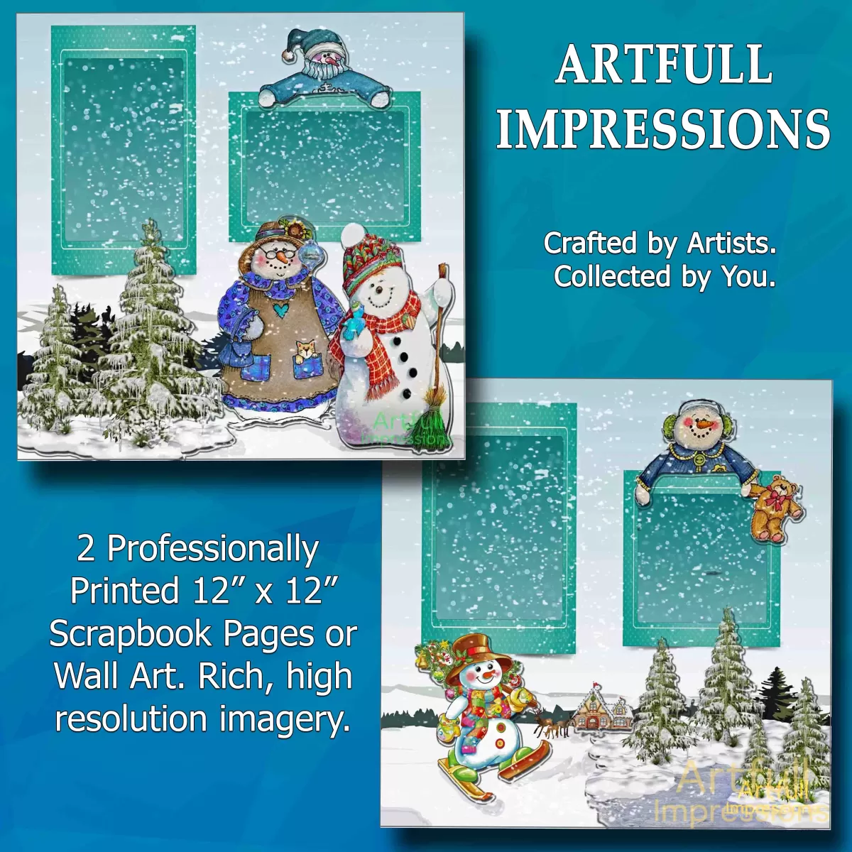 Christmas - Snow Day Smiles – Seasonal Wall Art or Scrapbook Page Set of 2