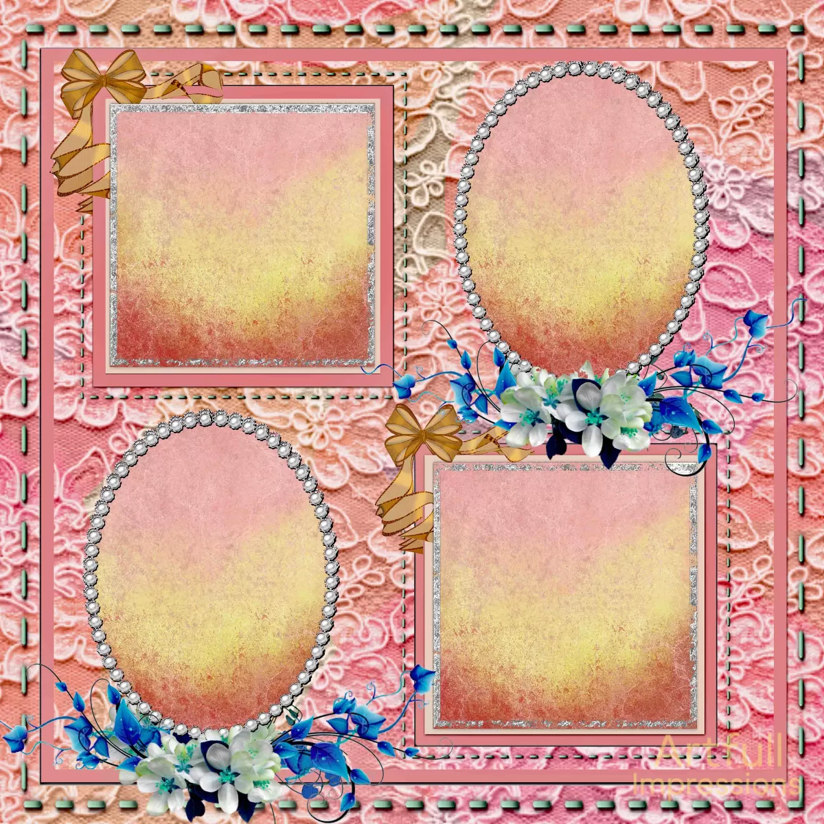 Easter - Peach Blush & Blue Floral Lace – Personalized Scrapbook Pages or Wall Art (Set of 2)