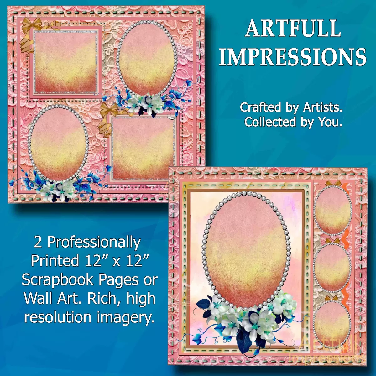 Easter - Peach Blush & Blue Floral Lace – Personalized Scrapbook Pages or Wall Art (Set of 2)