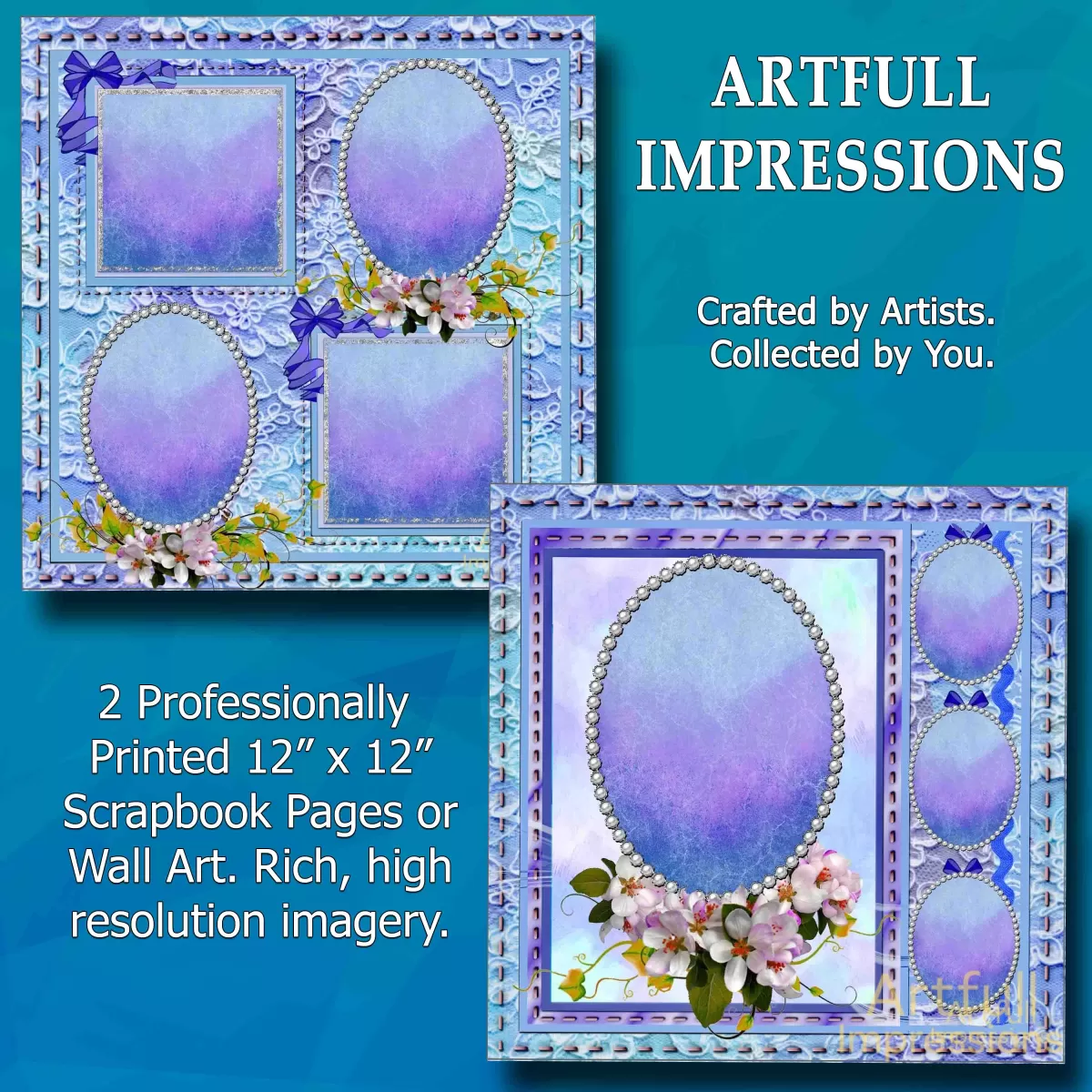 Easter- Elegant Violet & Blue Gradient Lace Personalized Wall Art or Scrapbook Page Set of 2