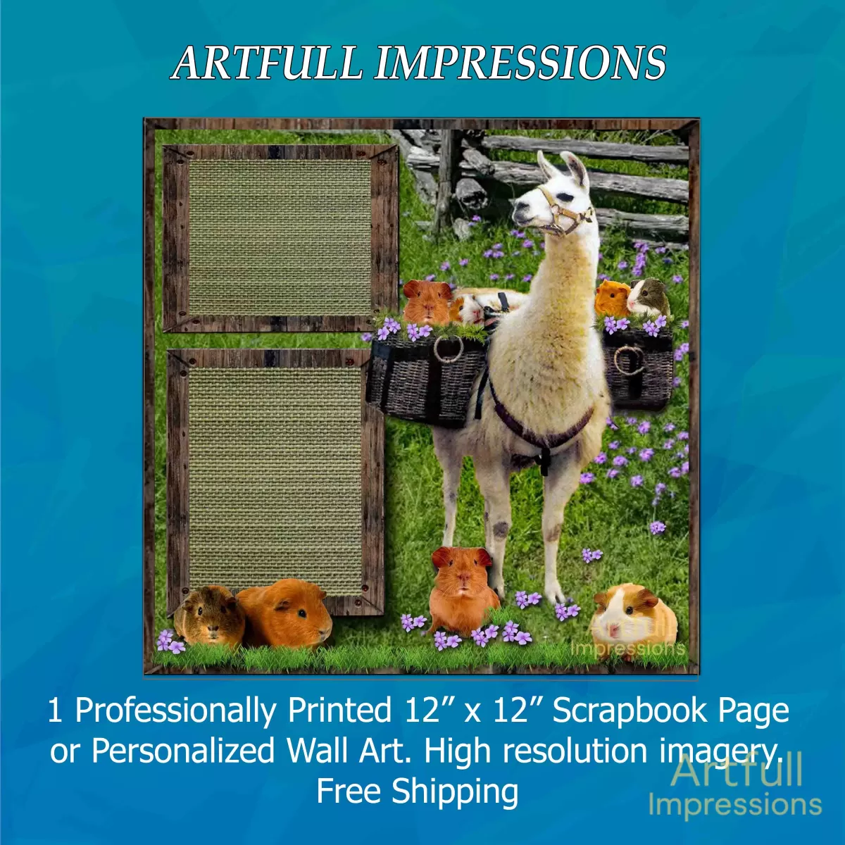 Whimsical Llama with baskets of Guinea Pigs