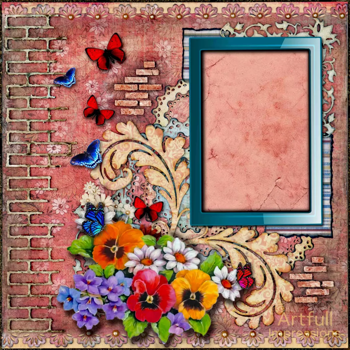 Florals with Pansies and Daisies on a Brick Background