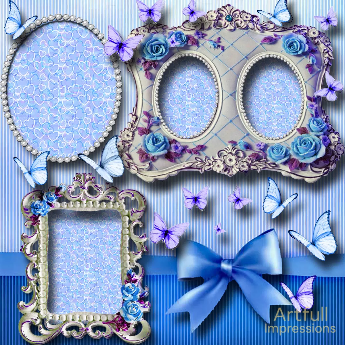 Blue Elegance with Delicate Roses, Butterflies & Ornate Frames