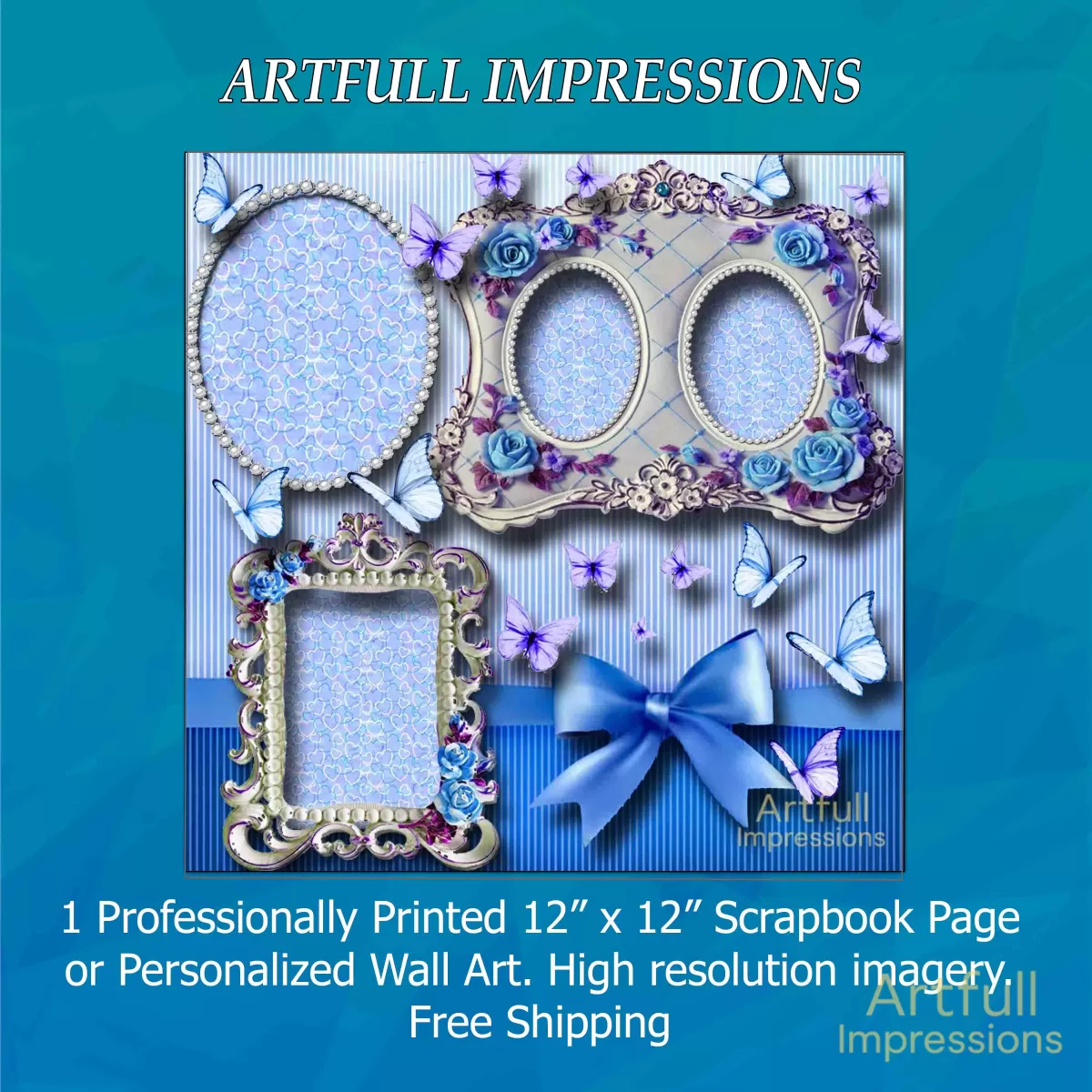 Blue Elegance with Delicate Roses, Butterflies & Ornate Frames