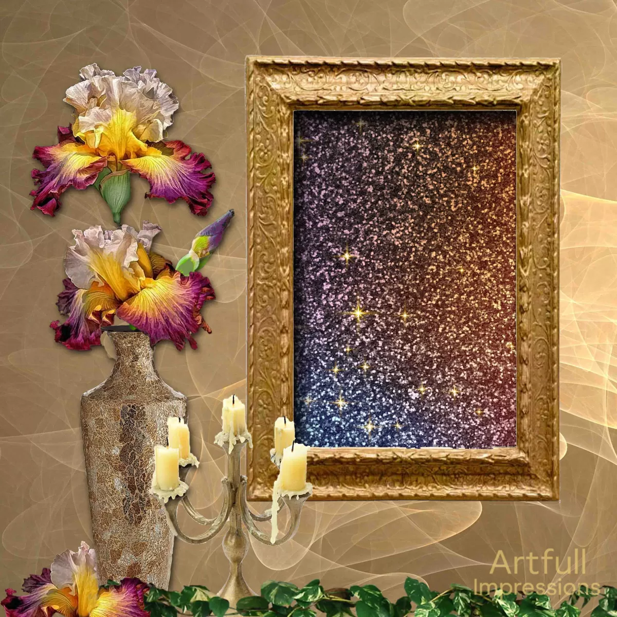 Iris Elegance in Lush Golds & Purples– 2 Pages
