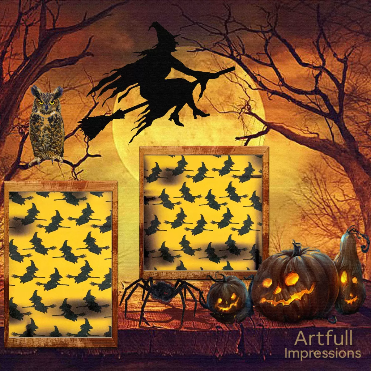 Silhouetted Witch in Flight with a Glowing Full Moon