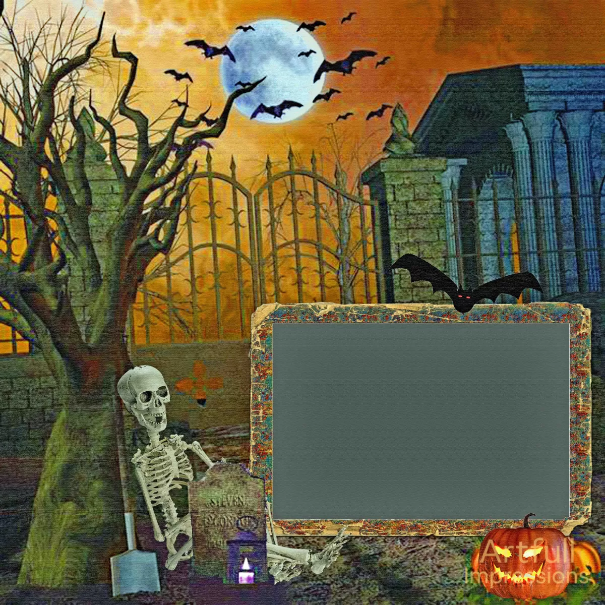Haunted Cemetery with Skeleton & Bats in a Chilling Scene