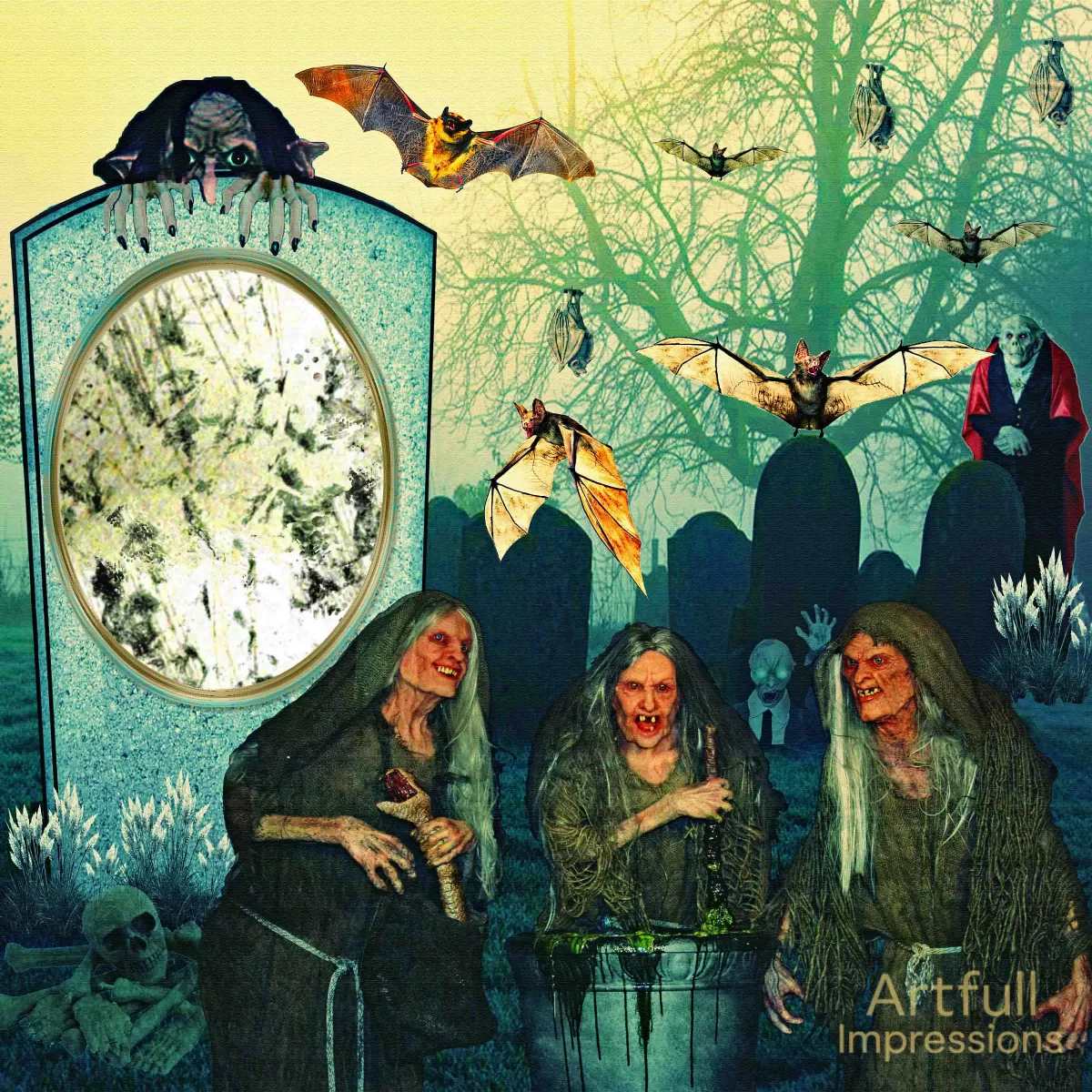 Three wicked Witches Brewing in an Ominous Graveyard
