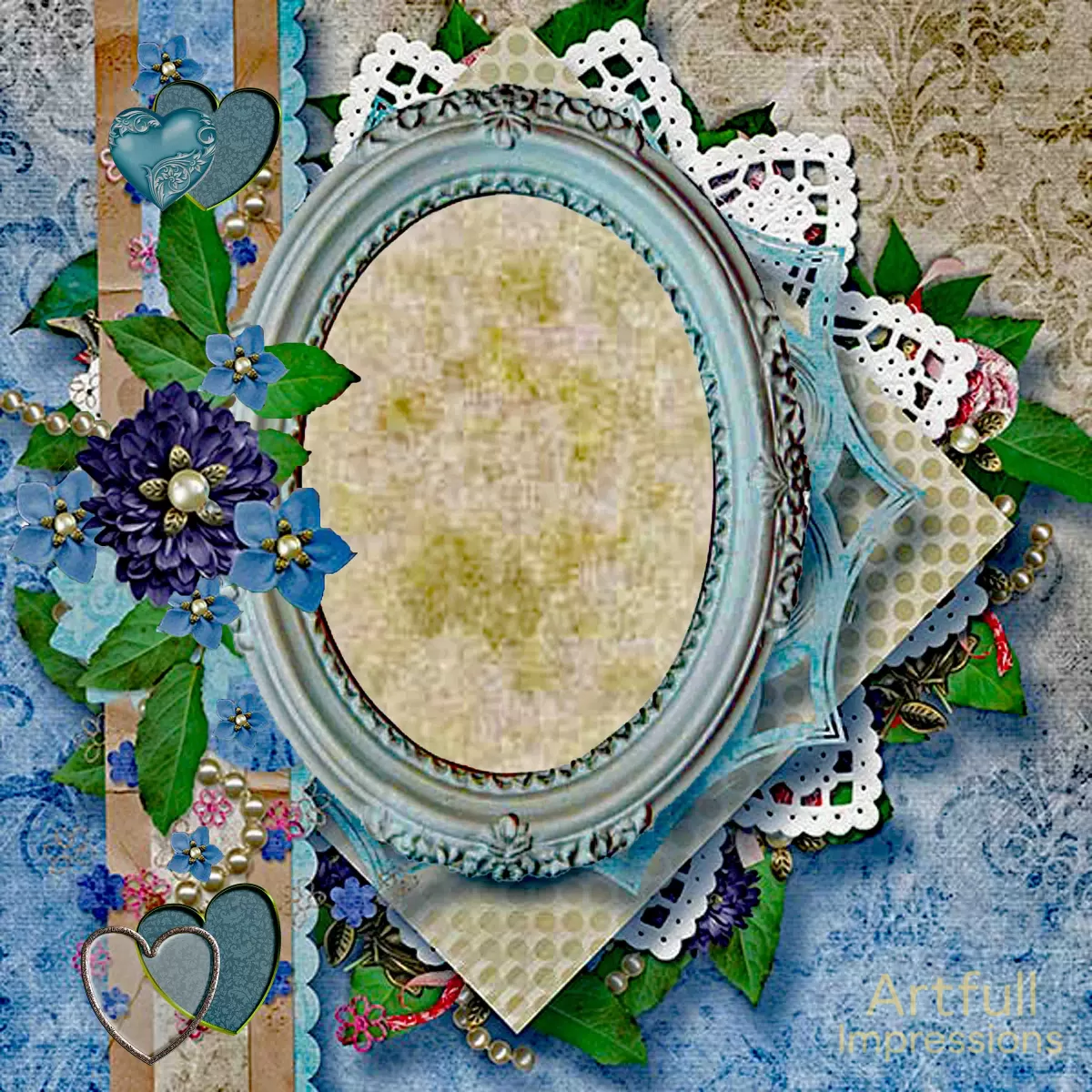 VINTAGE BLUE ELEGANCE – Oval Frame & Lace Layers