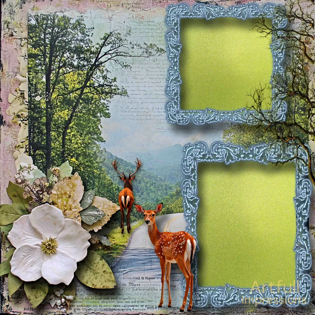 Deer & Wild Rose Path– Woodland Nature Scene