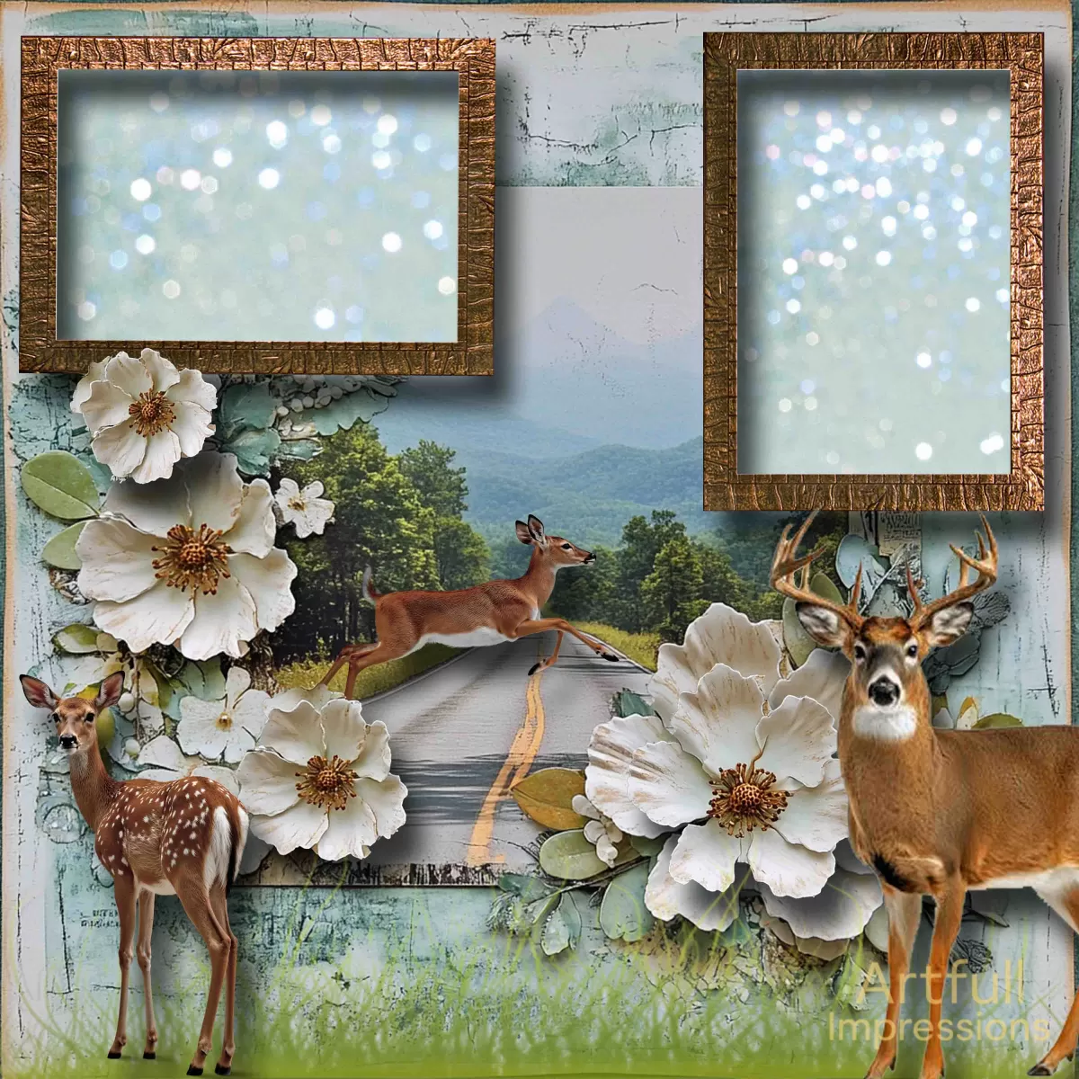 Deer Family & Cherokee Roses– Scenic Wildlife & Floral Nature Design